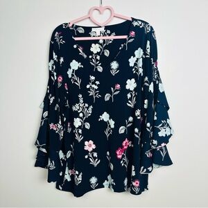 Charter Club Navy Blue Floral Flutter Long Sleeve Blouse Size Large